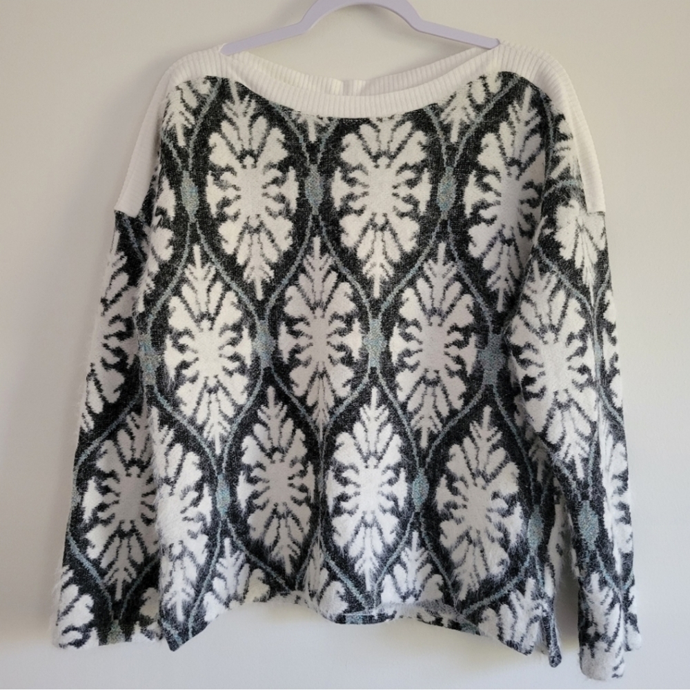 Melloday Boat Neck Boho Geometric Eyelash Sweater Knit Top M
